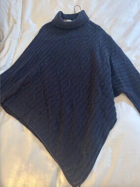 Black Goat Cashmere Cable Knit Poncho | Navy | One Size | Luxury Cozy Essential
